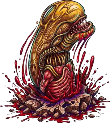 Sticker die-cut « Alien Splash », xénomorphe doré émergeant d'une éclaboussure de sang