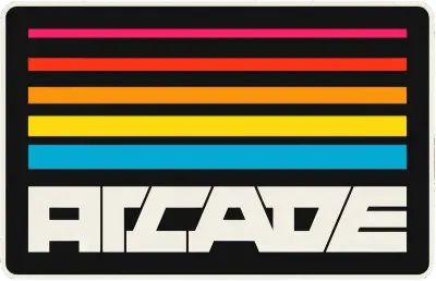 Sticker die-cut « Arcade », écusson rétro « ARCADE » à bandes arc-en-ciel