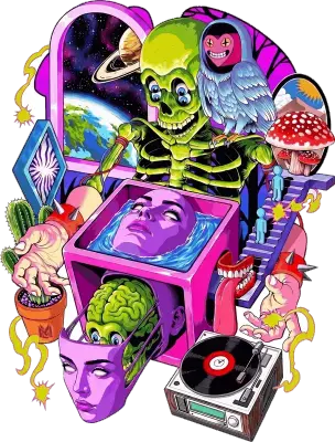 Sticker die-cut « Art De Rue Random », collage psyché avec alien DJ, platines et champignons