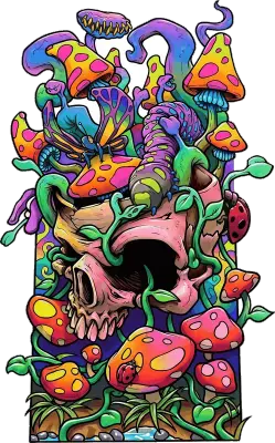 Sticker die-cut « Arte Moderno », totem de crâne dégoulinant de champignons colorés