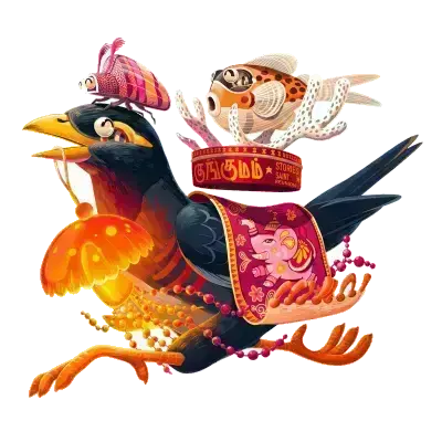 Sticker die-cut « Oiseau poisson », oiseau flamboyant orange chevauché par une créature