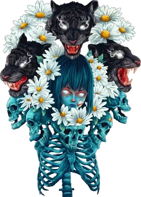 Sticker die-cut « Blue Girl », fille bleue entourée de panthères noires et de marguerites