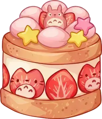 Sticker die-cut « Cake », gâteau fraisier rose garni d'étoiles et de personnages kawaii