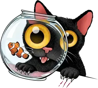 Sticker die-cut « Chat aquarium », chat noir la tête plongée dans un bocal à poisson