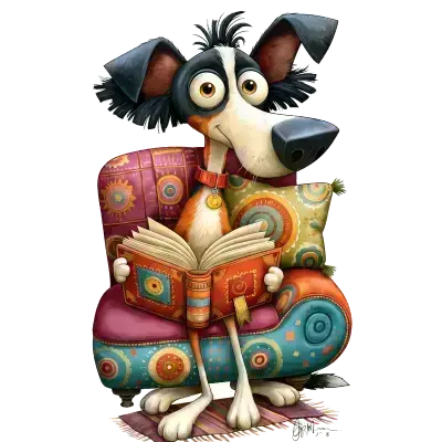 Sticker die-cut « Chien lecteur », chien assis lisant un livre, style coloré ornemental