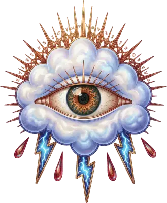 Sticker die-cut « Cloudy », œil ouvert dans un nuage rayonnant, gouttes de pluie