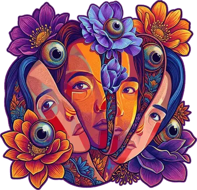 Sticker die-cut « Colored Person », visages entrelacés aux yeux multiples et fleurs, très coloré