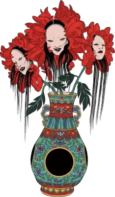 Sticker die-cut « Coquelicot », vase orné surmonté de trois têtes de guerriers, coquelicots