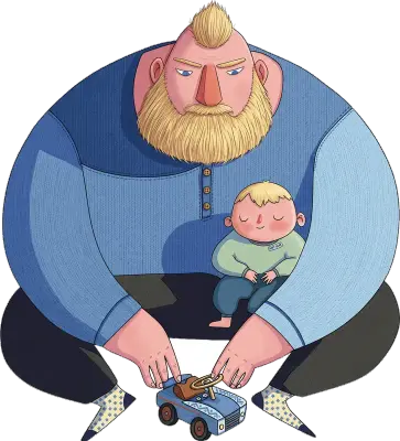 Sticker die-cut « Daddy », gros homme blond tenant un bébé, style cartoon