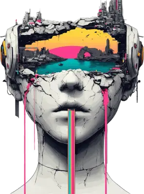 Sticker die-cut « Digital Art 1 », buste glitch cyberpunk au visage fissuré, coulure rose