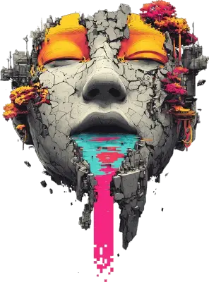 Sticker die-cut « Digital Art 2 », buste de pierre fissuré aux fleurs, effet glitch rose