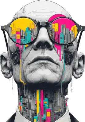 Sticker die-cut « Digital Art 3 », buste glitch à lunettes pixelisées, coulure rose