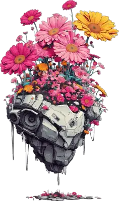 Sticker die-cut « Digital Flowers », buste de pierre effrité surmonté de fleurs colorées