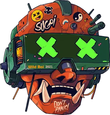 Sticker die-cut « Dont Panic », masque robot orange cyberpunk aux yeux « X », « DON'T PANIC »