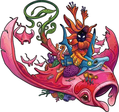 Sticker die-cut « Flying Manta », raie manta rose portant une créature colorée et des plantes