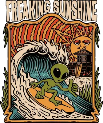 Sticker die-cut « Freaking Sunshine », affiche rétro d'un alien surfant, lettrage vintage