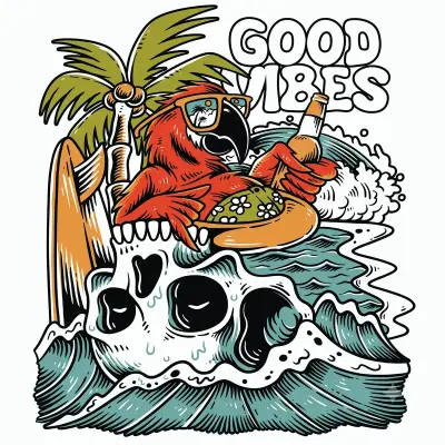 Sticker die-cut « Good Vibes », perroquet surfant sur un crâne, lettrage « GOOD VIBES »