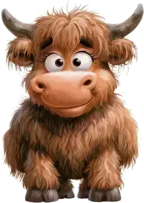 Sticker die-cut « Veau des Highlands », vache Highland brune à longues cornes, style mignon