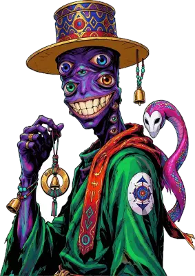 Sticker die-cut « Key Master », personnage violet mystique en costume orné, serpent et clé