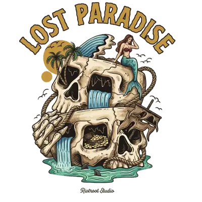 Sticker die-cut « Lost Paradise », crâne-île à palmiers et cascade, « LOST PARADISE »