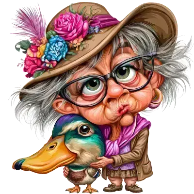 Sticker die-cut « Mamie canard », mamie caricaturale au chapeau fleuri avec un canard