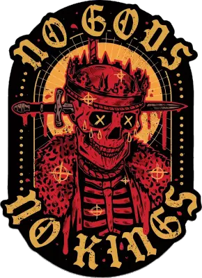 Sticker die-cut « No Gods No King », squelette à chapeau, lettrage « NO GODS NO KINGS »