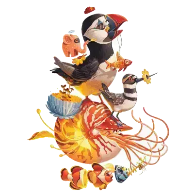 Sticker die-cut « Macareux pêcheur », macareux entouré de crevettes et de fleurs, coloré