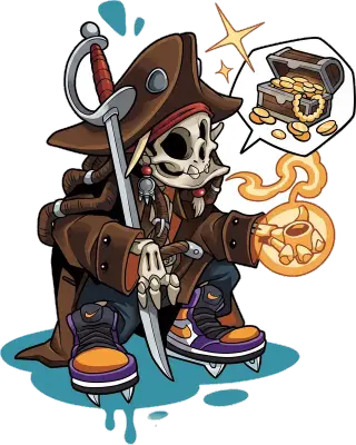 Sticker die-cut « Pirate Epee », pirate squelette à l'épée rêvant d'un trésor