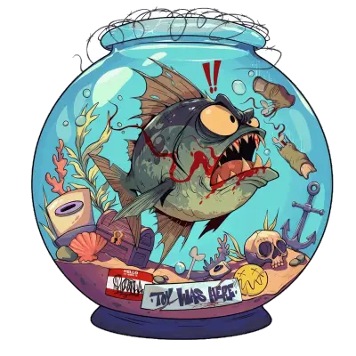 Sticker die-cut « Poskai Zombie », poisson zombie dans un bocal au décor sous-marin