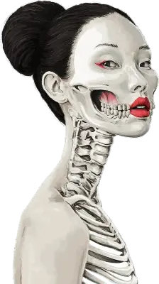 Sticker die-cut « Sad Geisha », geisha au visage pâle et corps squelettique, de profil