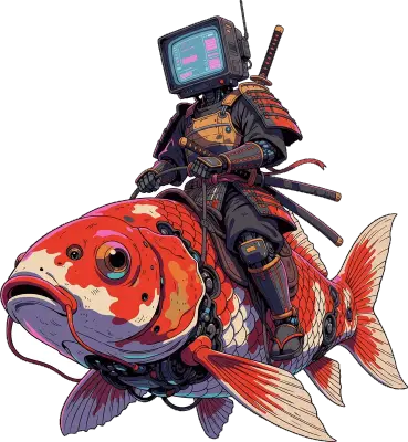 Sticker die-cut « Tv Man Fish », guerrier à tête de télé chevauchant un poisson rouge